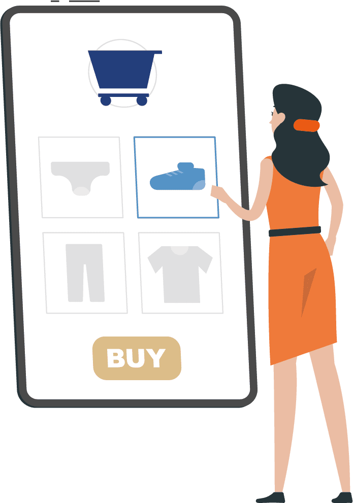 Illustration. Eine Frau steht vor einem Smartphone/Tablet von der Größe eines Spiegels. Das Display zeigt eine Shop-Oberfläche. Die Frau wählt ein Paar Schuhe aus.