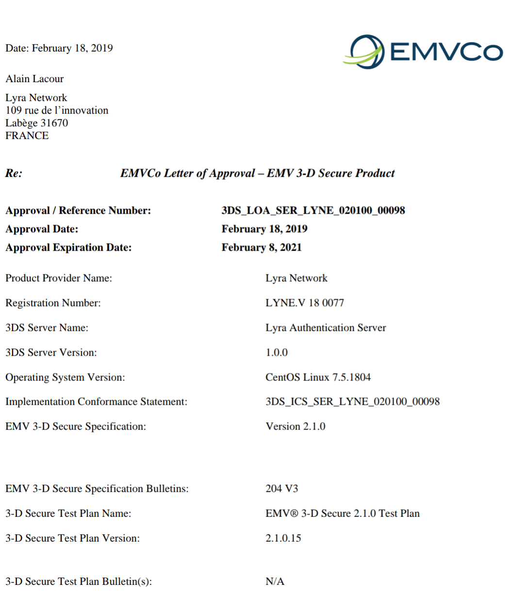 Certificat EMVCo pour authentification 3DSecure 2
