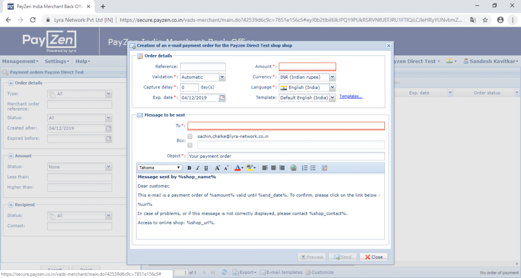 Payzen Invoicing window